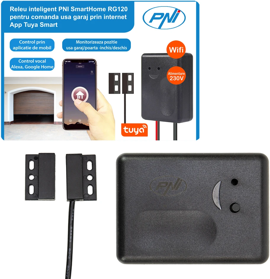 PNI SmartHome RG120 išmanioji WiFi relė garažo vartams / motorizuotų durų atidarymo valdymui internetu su „Tuya Smart App“, suderinama su „Amazon Alexa“ ir „Google Home“