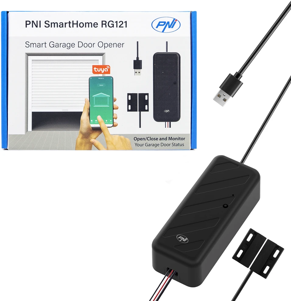 PNI SmartHome RG121 išmanioji relė su „Wi-Fi“ garažo durų / vartų atidarymo valdymui, suderinama su „Tuya“ programa, 5 V maitinimo šaltinis