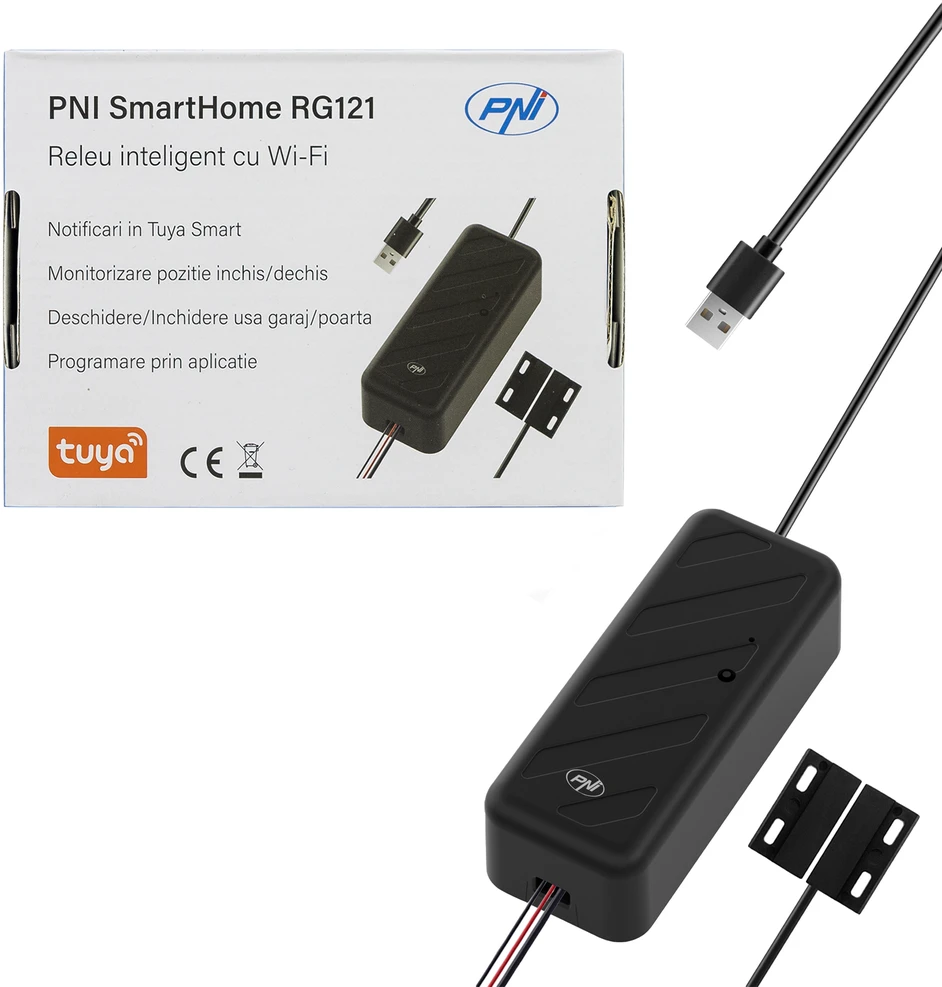 PNI SmartHome RG121 išmanioji relė su „Wi-Fi“ garažo durų / vartų atidarymo valdymui, suderinama su „Tuya“ programa, 5 V maitinimo šaltinis