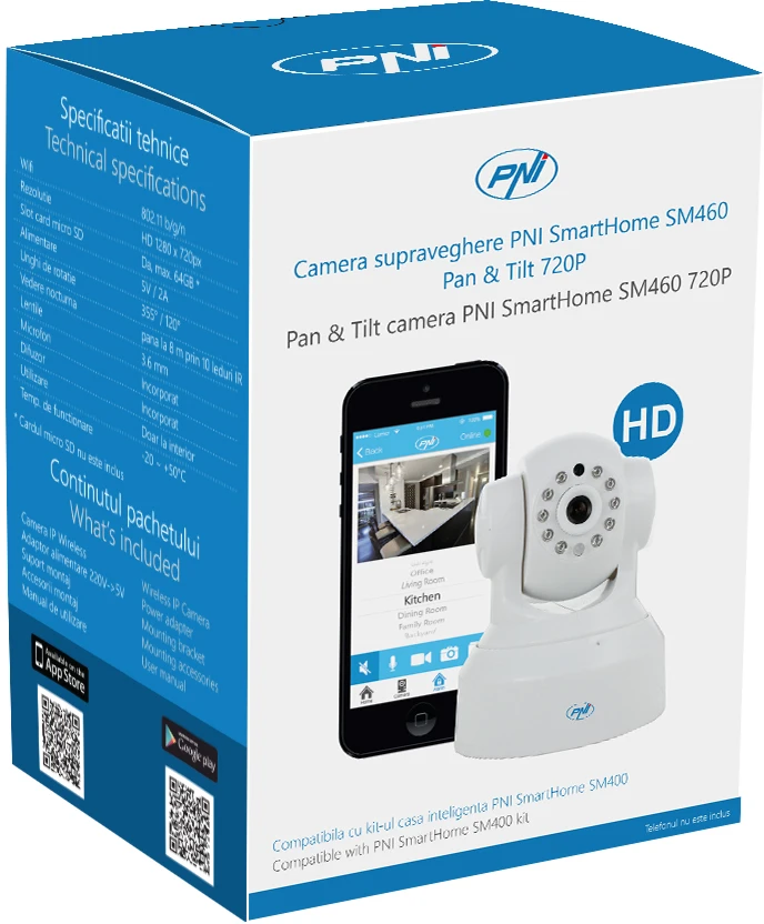 PNI SmartHome SM460 pasukama stebėjimo kamera SMB60 720p, valdoma internetu, vaizdo įrašymas į telefoną