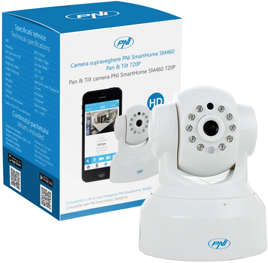 PNI SmartHome SM460 pasukama stebėjimo kamera SMB60 720p, valdoma internetu, vaizdo įrašymas į telefoną