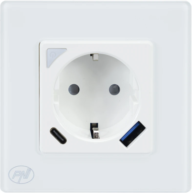 PNI SmartHome WP202 išmanusis WiFi lizdas, montuojamas į sieną, valdymas internetu, skirta „Tuya Smart“ programėlė, suderinamas su „Amazon Alexa“ ir „Google Home“