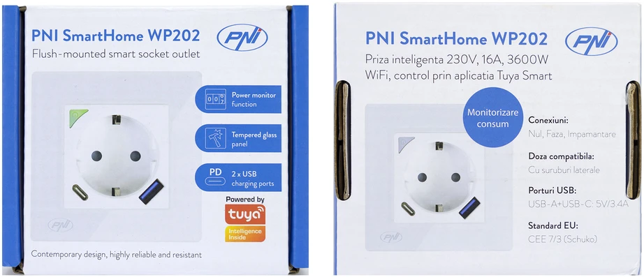 PNI SmartHome WP202 išmanusis WiFi lizdas, montuojamas į sieną, valdymas internetu, skirta „Tuya Smart“ programėlė, suderinamas su „Amazon Alexa“ ir „Google Home“