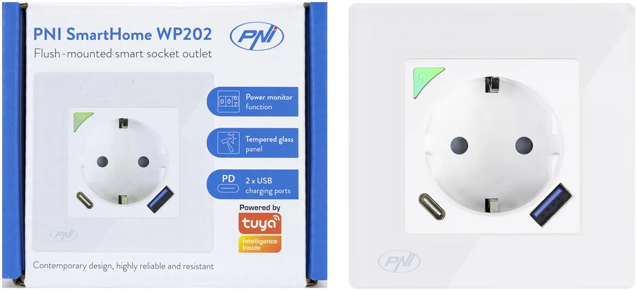 PNI SmartHome WP202 išmanusis WiFi lizdas, montuojamas į sieną, valdymas internetu, skirta „Tuya Smart“ programėlė, suderinamas su „Amazon Alexa“ ir „Google Home“