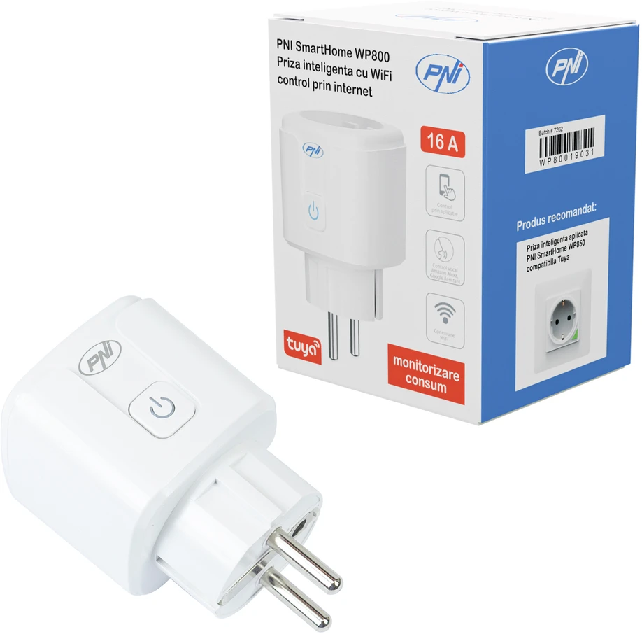 PNI SmartHome WP800 išmanusis „Wi-Fi“ kištukinis lizdas, „Tuya Smart“ programėlė, suderinamas su „Amazon Alexa“ ir „Google Home“