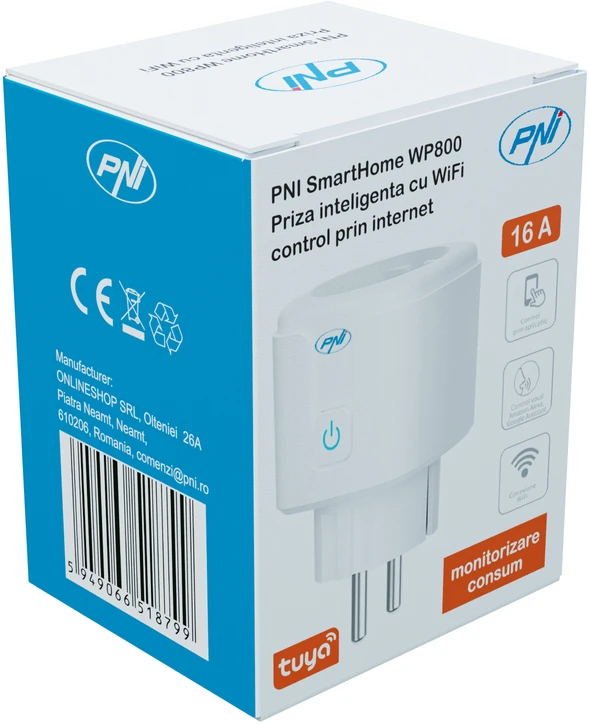 PNI SmartHome WP800 išmanusis „Wi-Fi“ kištukinis lizdas, „Tuya Smart“ programėlė, suderinamas su „Amazon Alexa“ ir „Google Home“