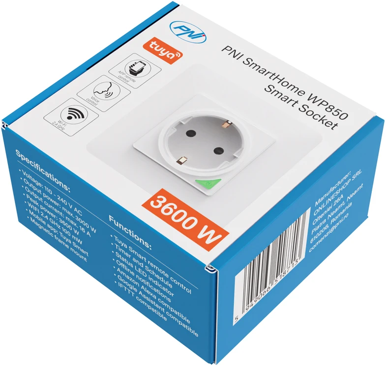 PNI SmartHome WP850 WiFi išmanusis kištukinis lizdas, montuojamas į sieną, valdymas internetu, skirta Tuya Smart programėlė, suderinamas su Amazon Alexa ir Google Home