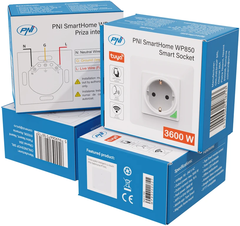 PNI SmartHome WP850 WiFi išmanusis kištukinis lizdas, montuojamas į sieną, valdymas internetu, skirta Tuya Smart programėlė, suderinamas su Amazon Alexa ir Google Home