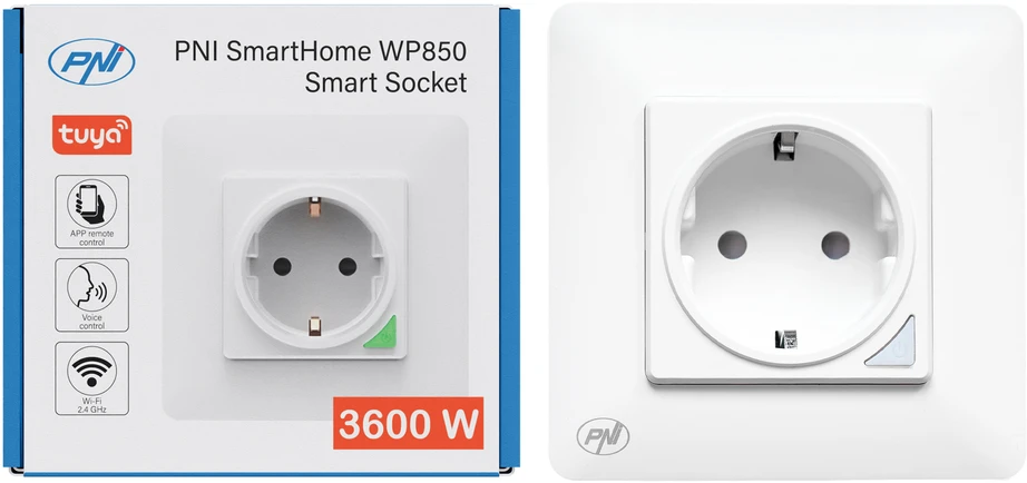 PNI SmartHome WP850 WiFi išmanusis kištukinis lizdas, montuojamas į sieną, valdymas internetu, skirta Tuya Smart programėlė, suderinamas su Amazon Alexa ir Google Home
