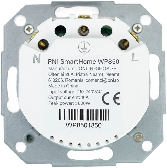 PNI SmartHome WP850 WiFi išmanusis kištukinis lizdas, montuojamas į sieną, valdymas internetu, skirta Tuya Smart programėlė, suderinamas su Amazon Alexa ir Google Home