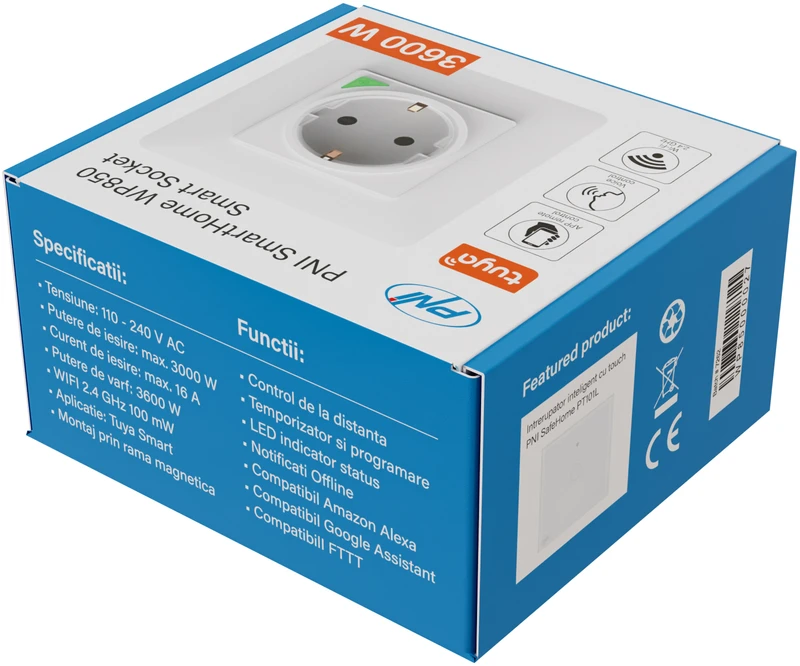 PNI SmartHome WP850 WiFi išmanusis kištukinis lizdas, montuojamas į sieną, valdymas internetu, skirta Tuya Smart programėlė, suderinamas su Amazon Alexa ir Google Home