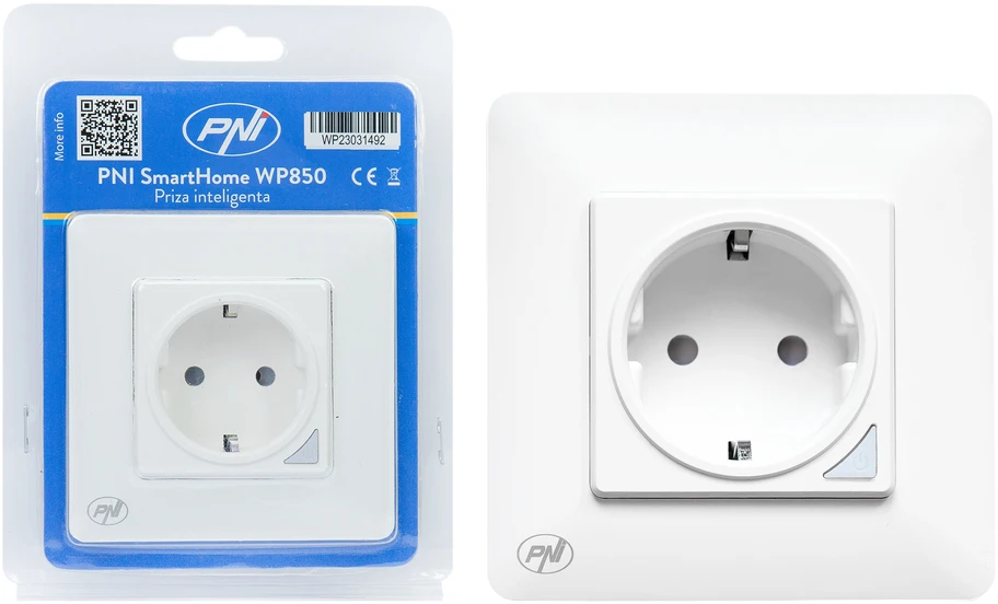 PNI SmartHome WP850 WiFi išmanusis kištukinis lizdas, montuojamas į sieną, valdymas internetu, skirta Tuya Smart programėlė, suderinamas su Amazon Alexa ir Google Home