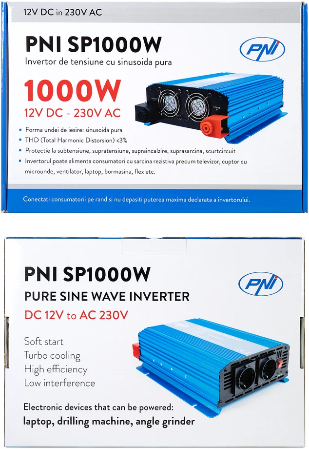 PNI SP1000W įtampos keitiklis su gryna sinusine banga, 12V maitinimo šaltinis