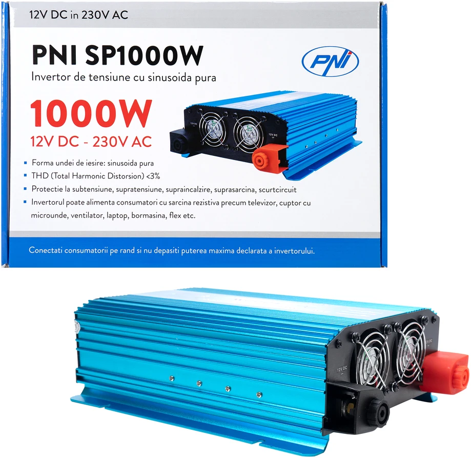 PNI SP1000W įtampos keitiklis su gryna sinusine banga, 12V maitinimo šaltinis