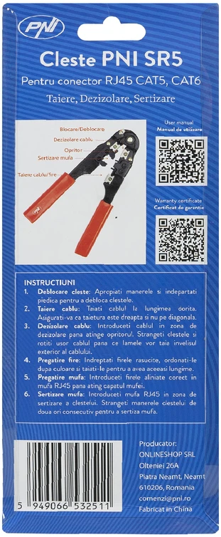 PNI SR5 replės kabelių kirpimui, izoliacijos nuėmimui ir RJ45 CAT5, CAT6 jungčių užspaudimui