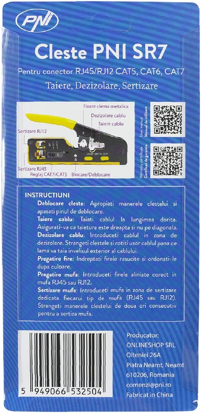 PNI SR7 replės kabelių kirpimui, izoliacijos nuėmimui ir RJ12, RJ45 CAT5, CAT6, CAT7, CAT8 jungčių užspaudimui