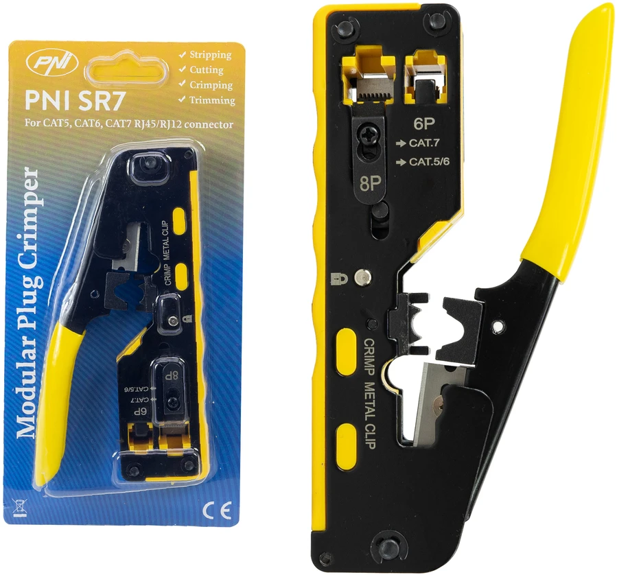 PNI SR7 replės kabelių kirpimui, izoliacijos nuėmimui ir RJ12, RJ45 CAT5, CAT6, CAT7, CAT8 jungčių užspaudimui