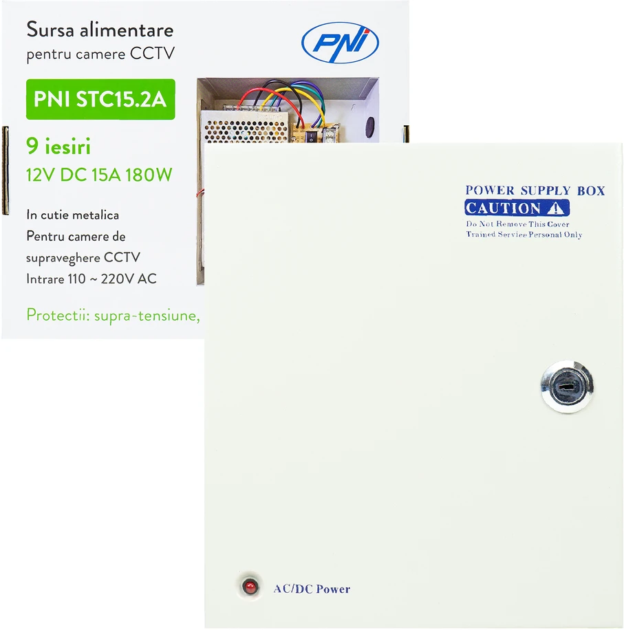 PNI STC15.2A vaizdo stebėjimo maitinimo šaltinis metalinėje dėžutėje, 12V 15A 180W, 9 išėjimai
