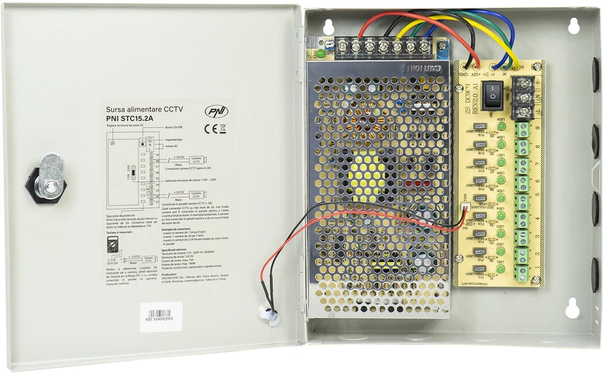PNI STC15.2A vaizdo stebėjimo maitinimo šaltinis metalinėje dėžutėje, 12V 15A 180W, 9 išėjimai