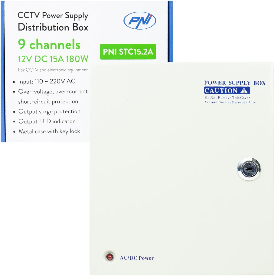 PNI STC15.2A vaizdo stebėjimo maitinimo šaltinis metalinėje dėžutėje, 12V 15A 180W, 9 išėjimai