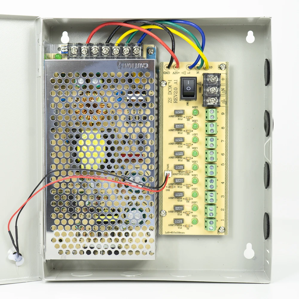 PNI STC15.2A vaizdo stebėjimo maitinimo šaltinis metalinėje dėžutėje, 12V 15A 180W, 9 išėjimai