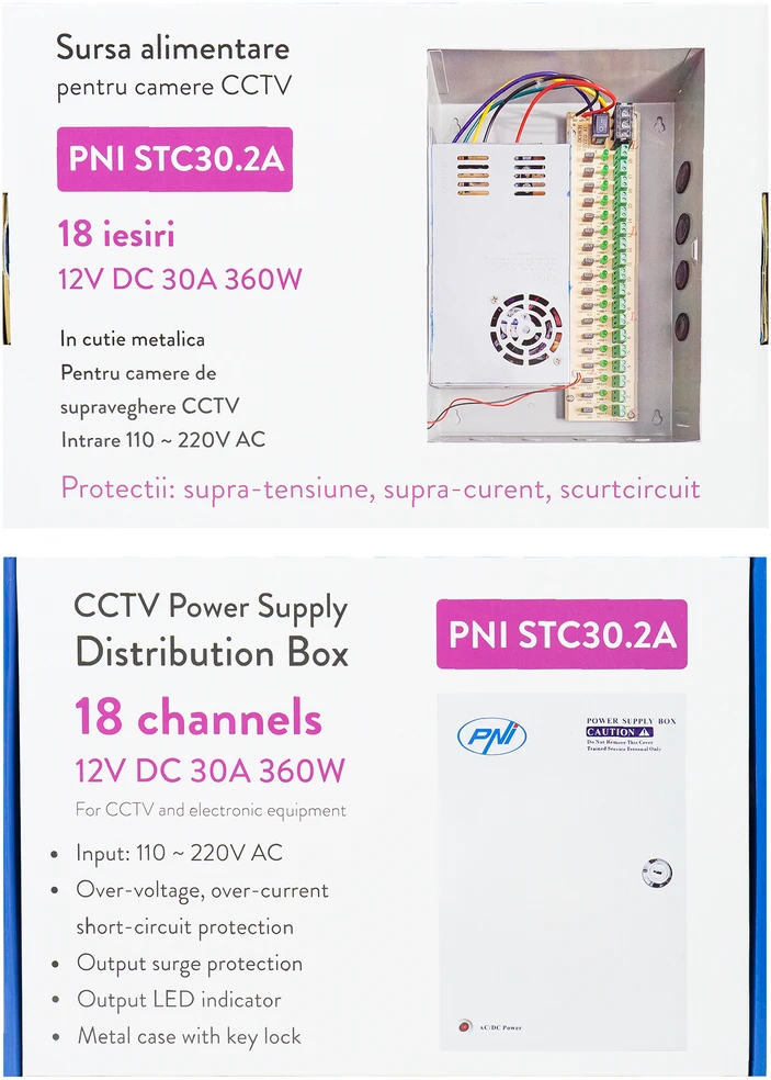 PNI STC30.2A vaizdo stebėjimo maitinimo šaltinis metalinėje dėžutėje 12V 30A 360W, 18 išėjimų