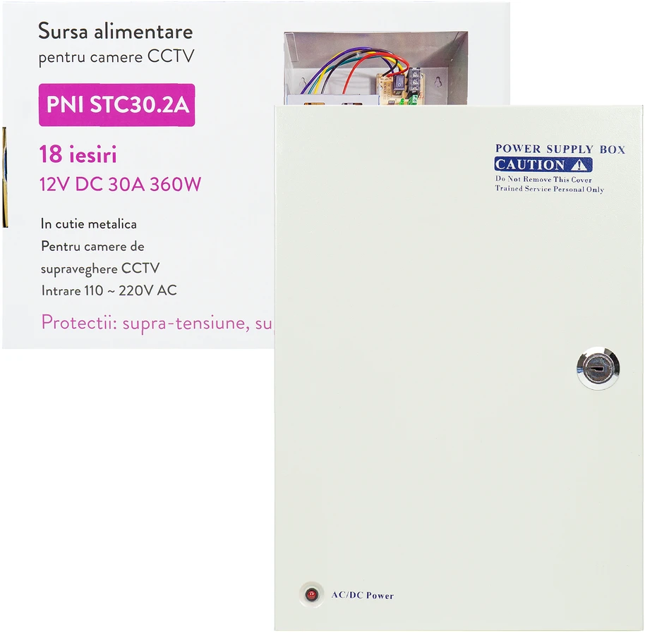 PNI STC30.2A vaizdo stebėjimo maitinimo šaltinis metalinėje dėžutėje 12V 30A 360W, 18 išėjimų