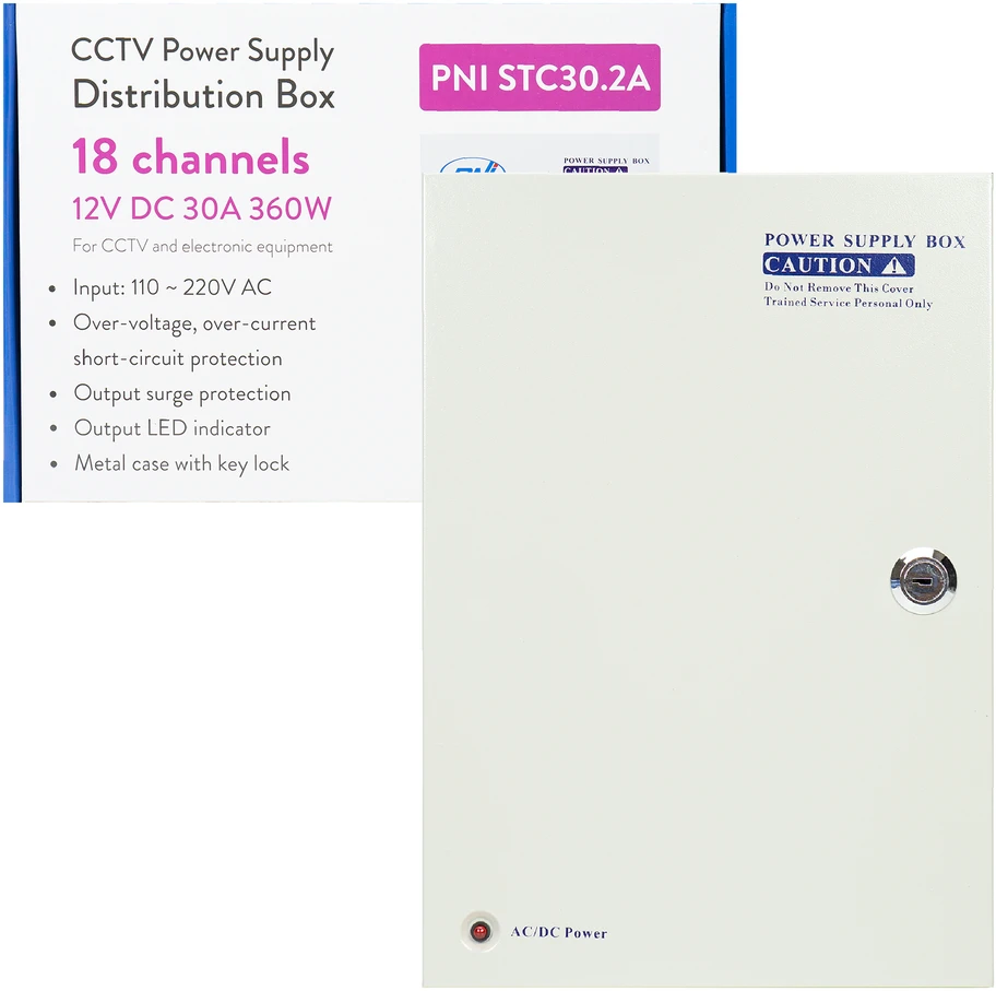 PNI STC30.2A vaizdo stebėjimo maitinimo šaltinis metalinėje dėžutėje 12V 30A 360W, 18 išėjimų
