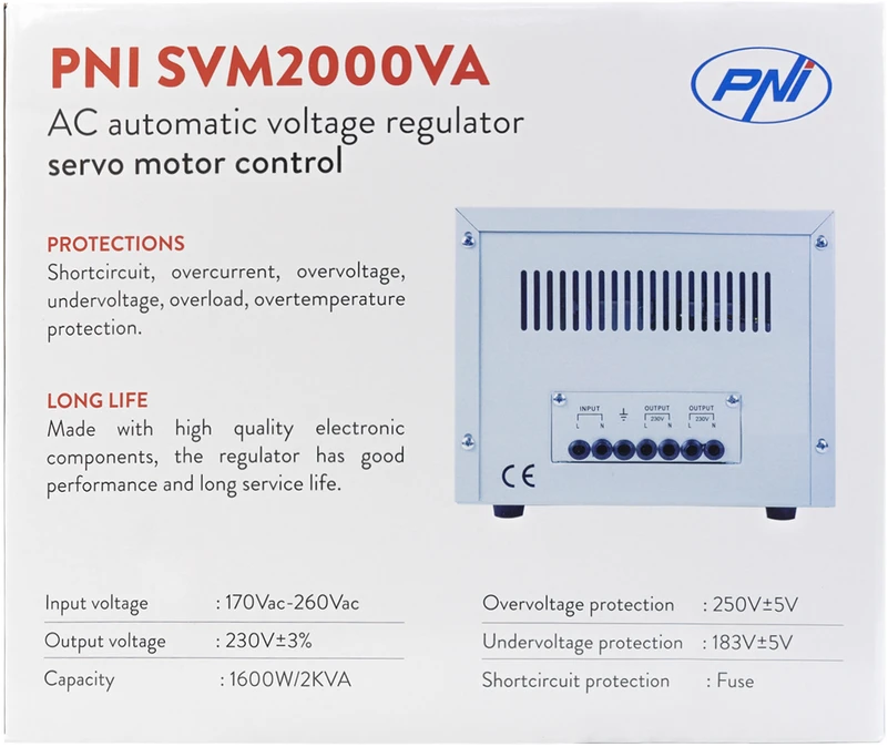 PNI SVM2000VA įtampos stabilizatorius su servovarikliu, 1600W, 7.2A, 230V išėjimas
