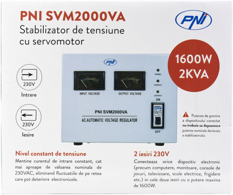 PNI SVM2000VA įtampos stabilizatorius su servovarikliu, 1600W, 7.2A, 230V išėjimas