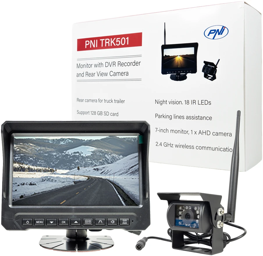 PNI TRK501 belaidė LCD atbulinės eigos kamera ir monitorius su DVR funkcija, „Micro SD“ kortelės lizdu, IR šviesos diodais, skirta sunkvežimiams