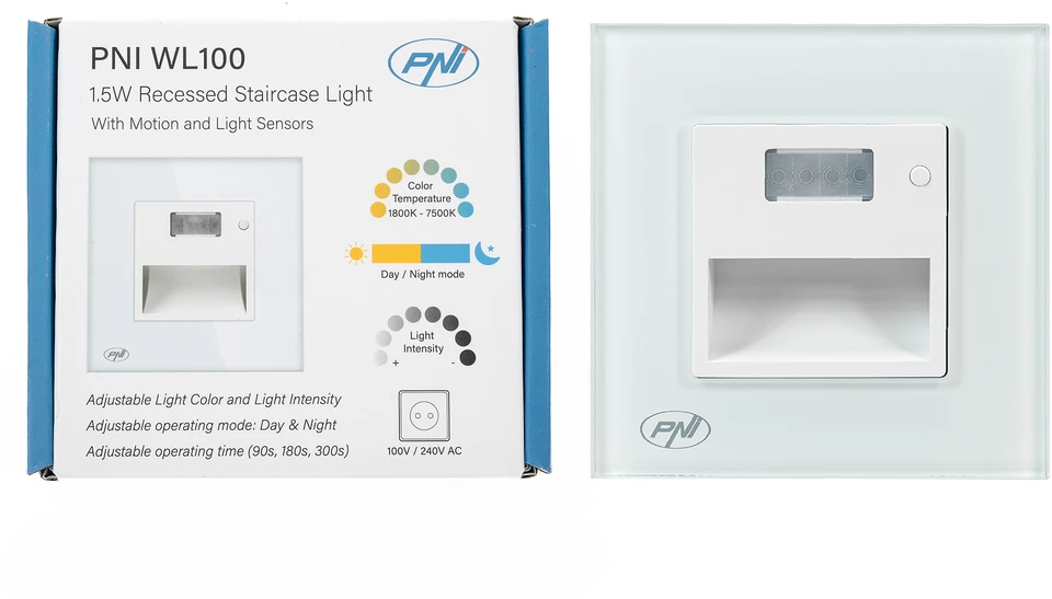 PNI WL100 LED lempa laiptų apšvietimui, įleidžiama, su judesio jutikliu, šviesos jutikliu, reguliuojama šviesos spalva, reguliuojamas šviesos intensyvumas, naktinis režimas, dienos režimas, 1.5W