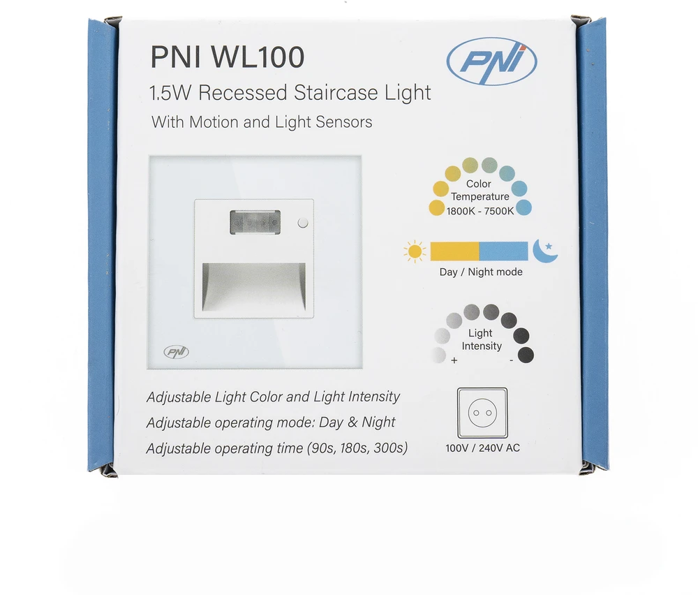 PNI WL100 LED lempa laiptų apšvietimui, įleidžiama, su judesio jutikliu, šviesos jutikliu, reguliuojama šviesos spalva, reguliuojamas šviesos intensyvumas, naktinis režimas, dienos režimas, 1.5W