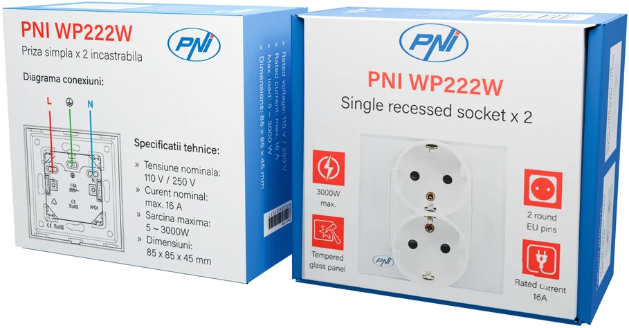 PNI WP222W paprastas x2 įmontuojamas lizdas su baltu stikliniu rėmeliu
