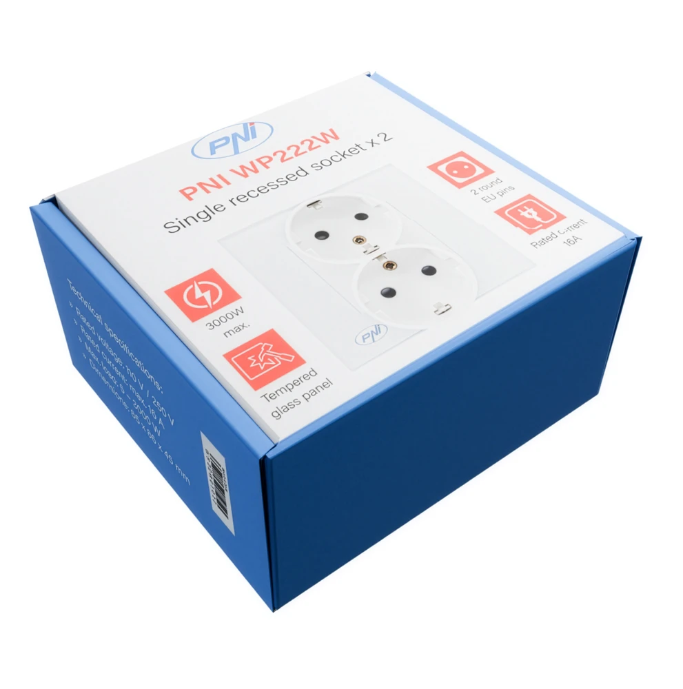 PNI WP222W paprastas x2 įmontuojamas lizdas su baltu stikliniu rėmeliu