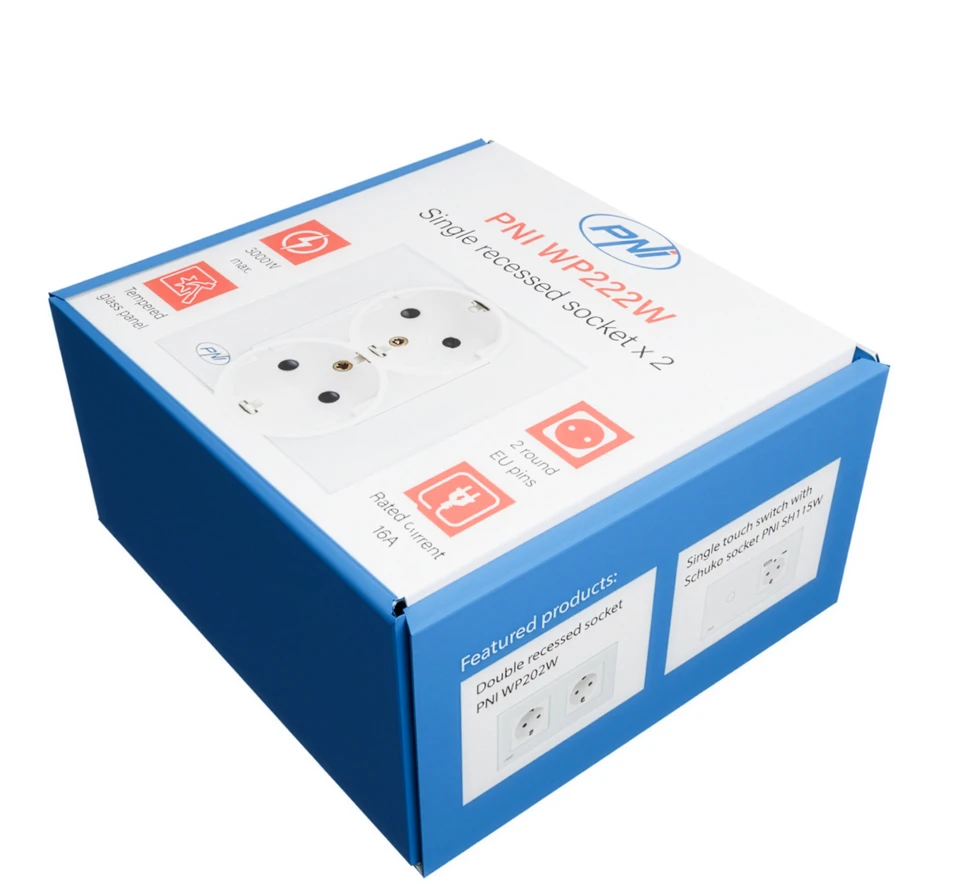 PNI WP222W paprastas x2 įmontuojamas lizdas su baltu stikliniu rėmeliu
