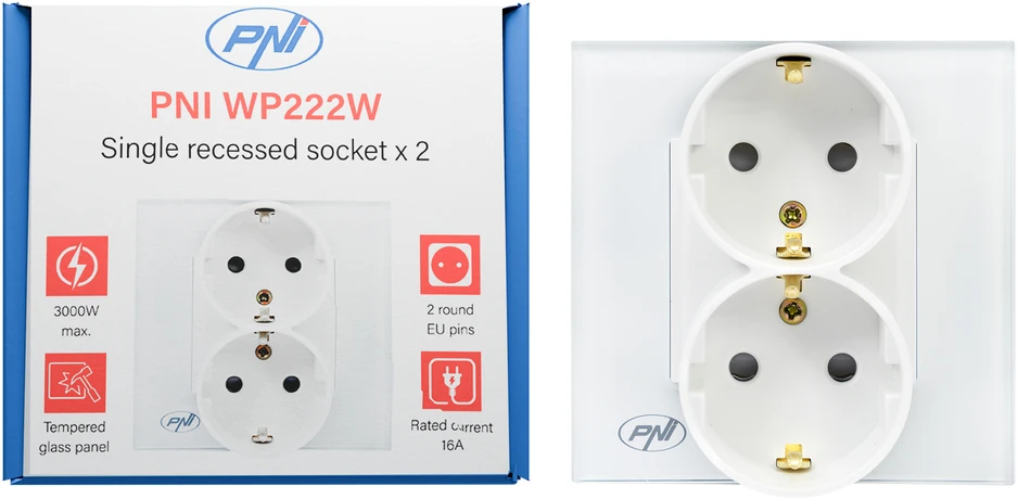 PNI WP222W paprastas x2 įmontuojamas lizdas su baltu stikliniu rėmeliu