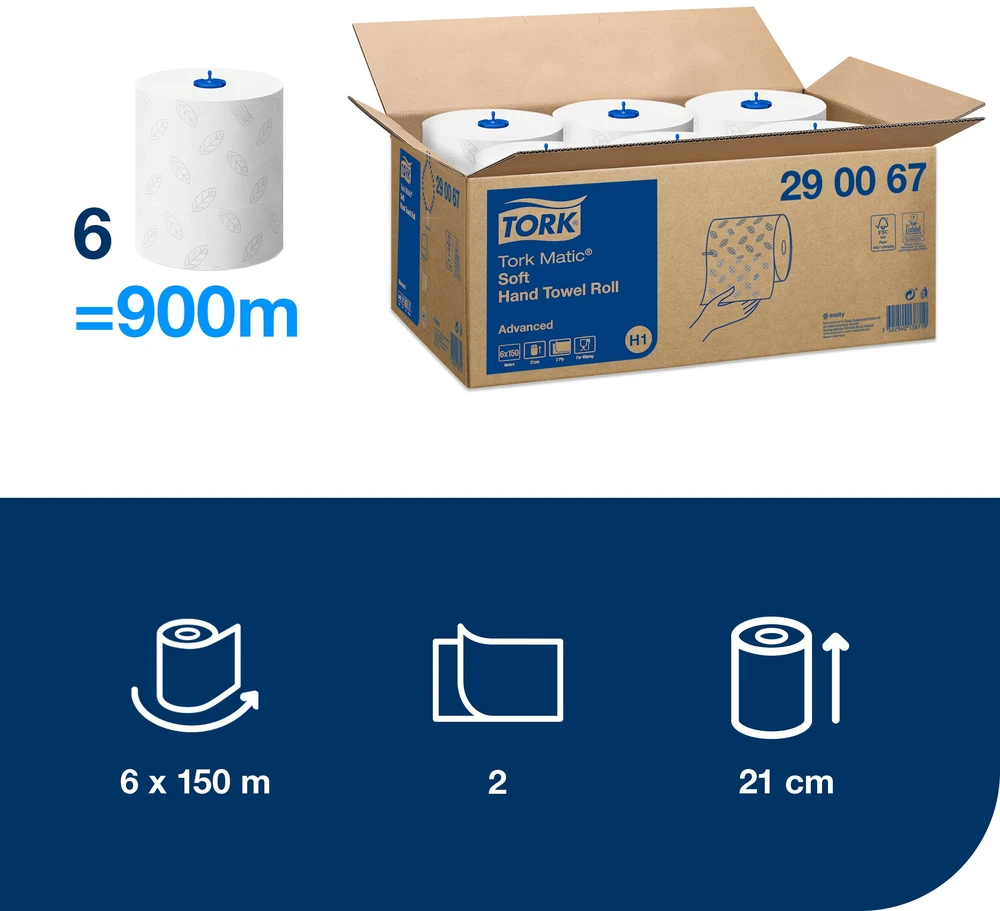 Popieriniai rankšluosčiai Tork Matic Soft Advanced H1 (290067), 2 sluoksniai, baltos spalvos, 150m, 612 lapelių