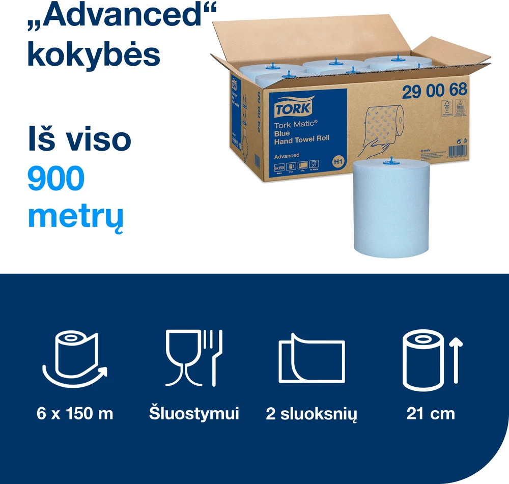 Mėlyna Popieriniai rankšluosčiai Tork Matic Soft Mėlyna Advanced H1 (290068), 2 sluoksniai, melsvos spalvos, 150m, 612 lapelių