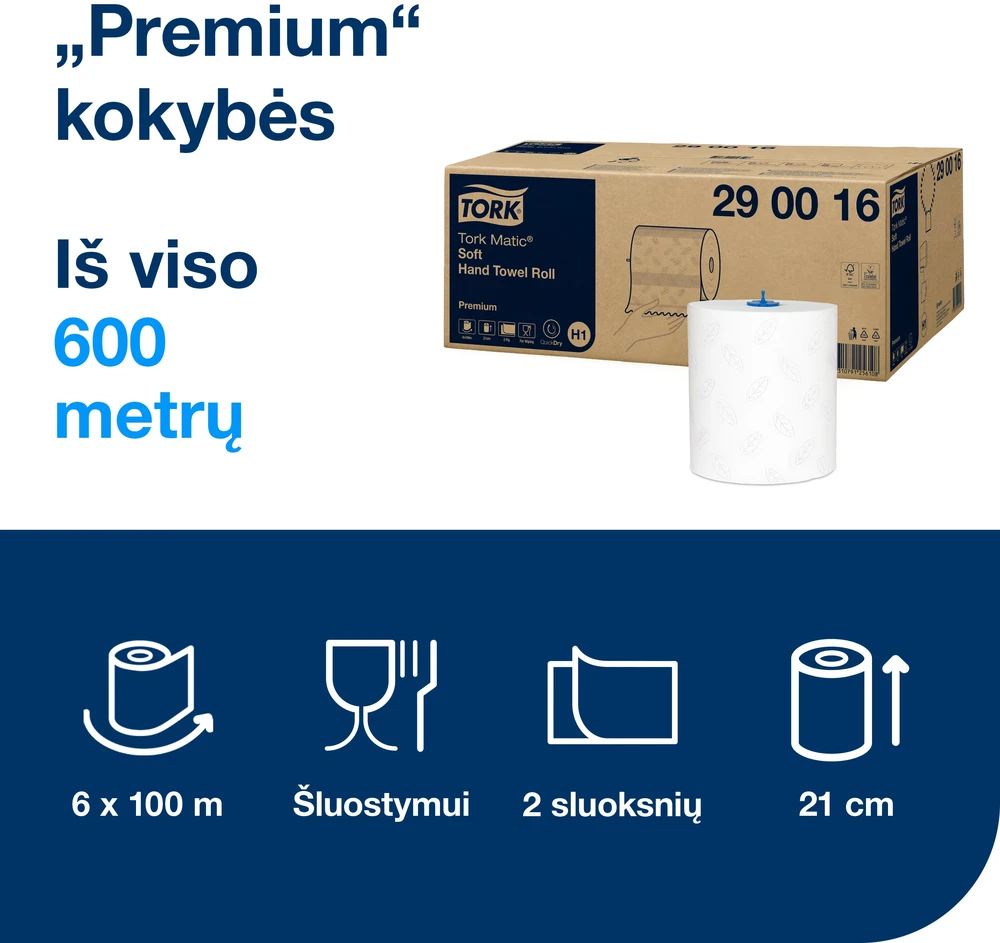 Popieriniai rankšluosčiai Tork Premium Matic Soft H1 (290016), 2 sluoksniai, baltos spalvos, 100m, 408 lapeliai
