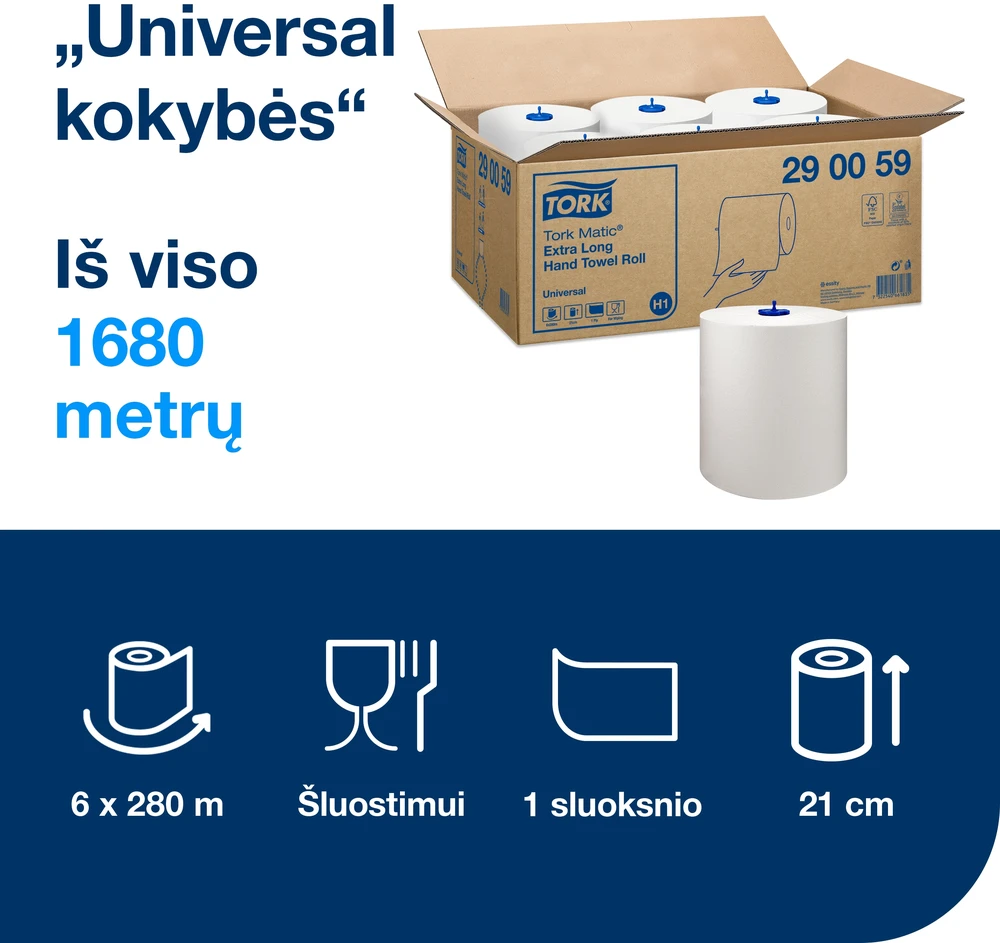 Popieriniai rankšluosčiai Tork Soft Universal H1 (290059), 1sluoksnis, baltos spalvos, 280m, 1142 lapeliai