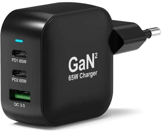 PORT CONNECT GaN2 sieninis įkroviklis, skirtas 2×USB-C PD ir USB-A QC, 65W, Juodas