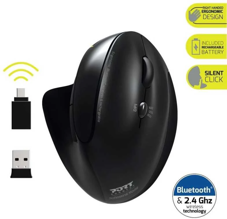 PORT DESIGNS | Rechargeable Ergonomic Pelė | 900706-BT | Optinė | Wireless | 2.4 GHz Wireless via USB Dongle | Juodas | 3 year(s)