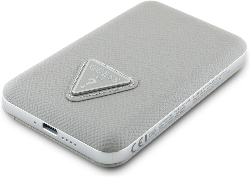 „Guess“ grūdėto trikampio formos išorinė baterija su „MagSafe“ 5000mAh 15W USB-C - rusvai gelsvas