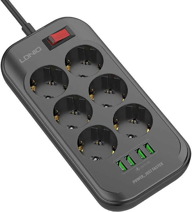 Ilgintuvas su 6 AC lizdais 4x USB LDNIO 2m - juoda