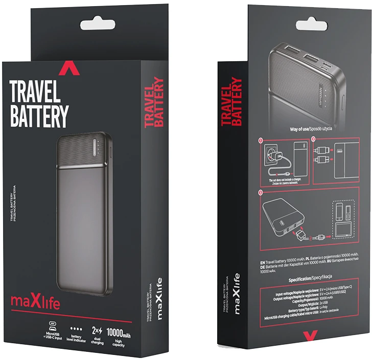 Nešiojamas įkroviklis Maxlife MXPB-01 10000 mAh, juodas