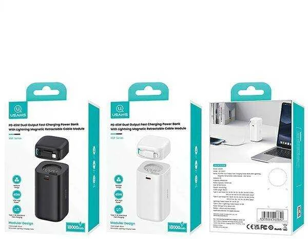 USAMS išorinė baterija su ištraukiamu „Lightning“ laidu, 18000 mAh, PD45W, greito įkrovimo, XMF serijos, juodas