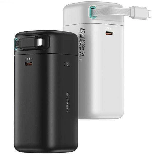 USAMS išorinė baterija su ištraukiamu „Lightning“ laidu, 18000 mAh, PD45W, greito įkrovimo, XMF serijos, juodas