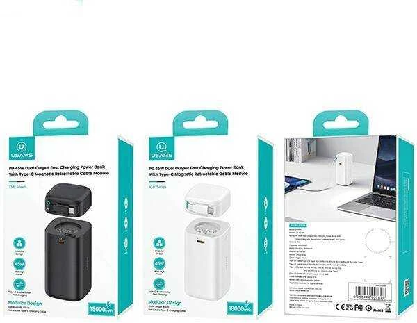 USAMS nešiojama baterija su ištraukiamu USB-C laidu, 18000 mAh, PD45W, greito įkrovimo, XMF serijos, juodos spalvos