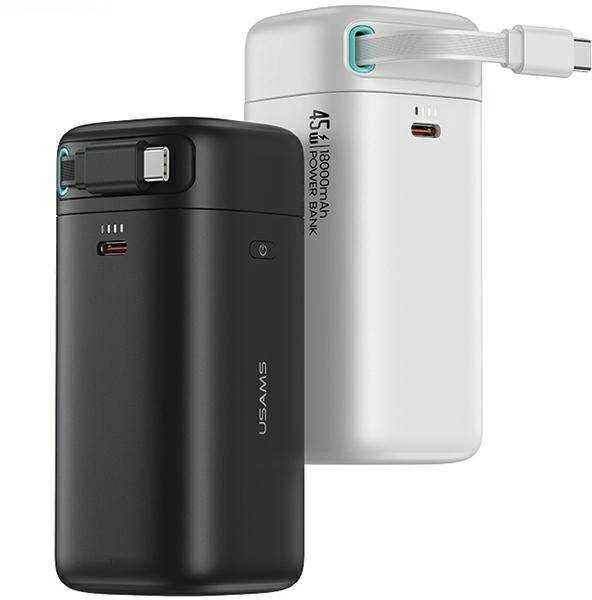 USAMS nešiojama baterija su ištraukiamu USB-C laidu, 18000 mAh, PD45W, greito įkrovimo, XMF serijos, juodos spalvos